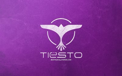 Tiesto, white chalk logo, Dutch DJ, purple retro background, Tiesto logo