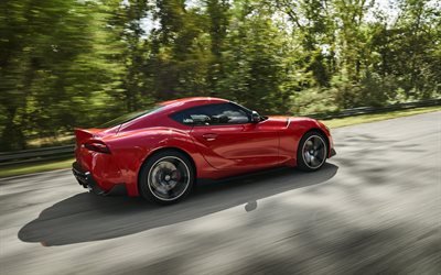 Toyota Supra, 2019, mk5, red sports coupe, rear view, new red Supra, japanese sports cars, GR Supra, Toyota