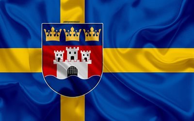 Coat of arms of Jonkoping lan, 4k, silk flag, Swedish flag, Jonkoping County, Sweden, flags of the Swedish lan, silk texture, Jonkoping lan, coat of arms