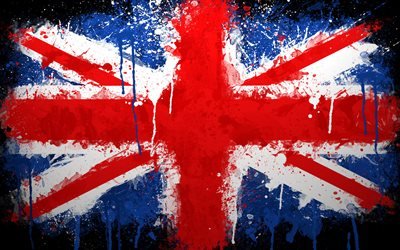 Grunge bandeira do Reino Unido, respingo de tinta de arte, Bandeira da gr&#227;-Bretanha, arte criativa, grunge arte, Bandeira do reino UNIDO, Reino Unido