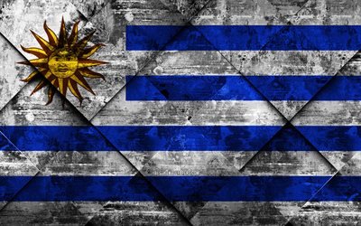 Bandeira do Uruguai, 4k, grunge arte, rombo textura grunge, Bandeira do uruguai, Am&#233;rica Do Sul, s&#237;mbolos nacionais, Uruguai, arte criativa