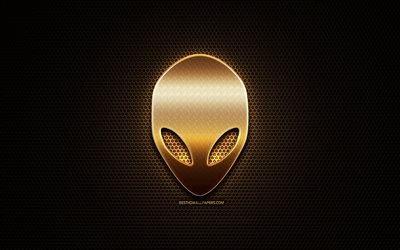 Alienware glitter logo, creative, metal grid background, Alienware logo, brands, Alienware