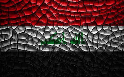 旗のイラク, 4k, ひび割れの土, アジア, イラクのフラグ, 3Dアート, イラク, アジア諸国, 国立記号, イラクでの3Dフラグ