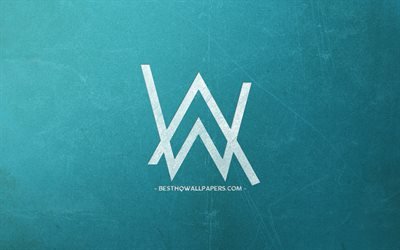 Alan Walker logotipo, noruego DJ, azul retro de fondo, blanco tiza logotipo, Alan Walker