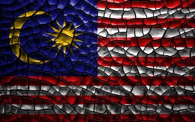 Flaggan i Malaysia, 4k, sprucken jord, Asien, Malaysiska flaggan, 3D-konst, Malaysia, Asiatiska l&#228;nder, nationella symboler, Malaysia 3D-flagga
