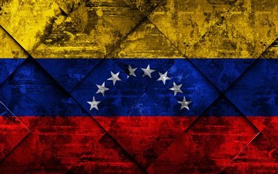 Venezuela bayrağı, 4k, grunge sanat, rhombus grunge doku, G&#252;ney Amerika, ulusal semboller, Venezuela, yaratıcı sanat