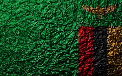 Flag of Zambia, 4k, stone texture, waves texture, Zambia flag, national symbol, Zambia, Africa, stone background