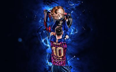 Lionel Messi with cup, back view, Barcelona FC, argentinian footballers, joy, Lionel Messi, FCB, La Liga, Messi, Leo Messi, football stars, neon lights, LaLiga, Spain, Barca, soccer