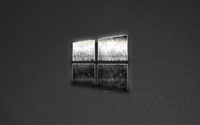 windows-10-logo, den grauen stein-hintergrund, kreative kunst -, stahl-logo, windows 10, betriebssystem, windows