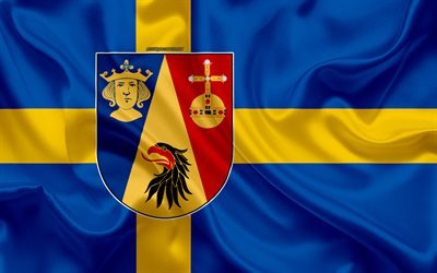 Coat of arms of Stockholm lan, 4k, silk flag, Swedish flag, Stockholm County, Sweden, flags of the Swedish lan, silk texture, Stockholm lan, coat of arms