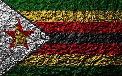 Zimbabve, 4k, taş doku, bayrak, dalgalar doku, Zimbabve bayrak, ulusal sembol, Afrika, taş arka plan