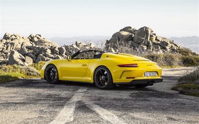 2019, Porsche 911 Speedster, rear view, yellow roadster, new yellow 911 Speedster, German sports cars, Porsche