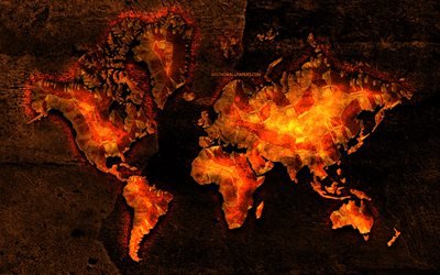 燃えるような世界地図, オレンジ色石の背景, 世界地図, 創造, 世界地図概念, 作品, 火災世界地図