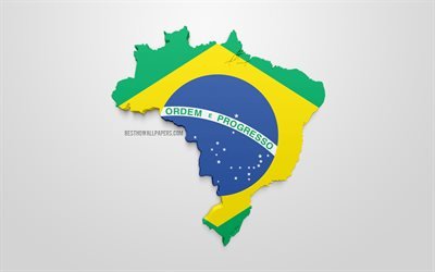 3d-flagga i Brasilien, karta silhuetten av Brasilien, 3d-konst, Brasiliansk flagga, Sydamerika, Brasilien, geografi, Brasilien 3d siluett