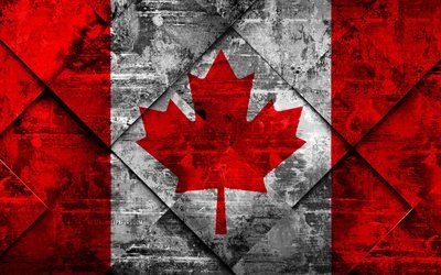 Flagga Kanada, 4k, grunge konst, rhombus grunge textur, Kanadensiska flaggan, Nordamerika, nationella symboler, Kanada, kreativ konst
