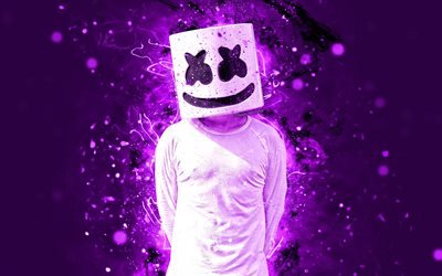 Marshmello, 4k, violet neon, american DJ, fan art, Christopher Comstock, Marshmello 4K, illustration, partie de nuit, superstars, cr&#233;atif, DJ Marshmello, DJs