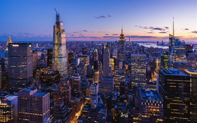 New York City, Manhattan, illalla, kaupunkikuva, New York panorama, pilvenpiirtäjiä, moderni takana, New York, USA