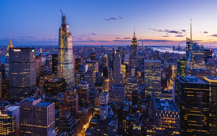 New York, Manhattan, gece, şehir, panorama, g&#246;kdelenler, modern arka, ABD