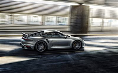2021, Porsche 911 Turbo S, side view, exterior, silver sports coupe, new silver 911 Turbo S, German sports cars, Porsche