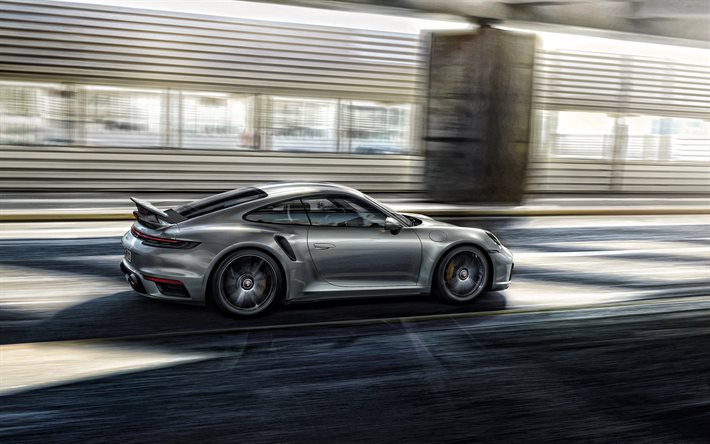 2021, Porsche 911 Turbo S, vista laterale, esterno, argento sport coup&#233;, nuovo argento 911 Turbo S, tedesco di auto sportive, Porsche