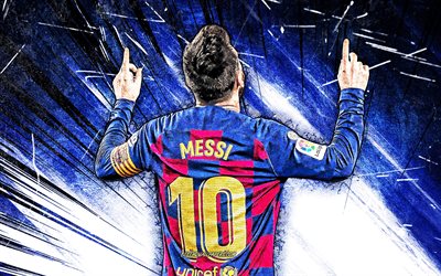 4K, Lionel Messi, 2020, back view, Barcelona FC, argentinian footballers, FCB, football stars, La Liga, Messi, 2019, Leo Messi, LaLiga, Spain, grunge art, Barca, soccer
