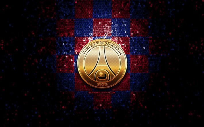 Download wallpapers PSG, glitter logo, Ligue 1, purple blue checkered