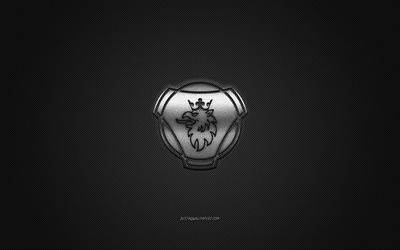 Scania logo, silverlogotyp, gr&#229; kolfiberbakgrund, Scania metal emblem, Scania, bilm&#228;rken, kreativ konst