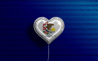 Illinois'i Seviyorum, 4k, gerçekçi balonlar, mavi ahşap arka plan, Amerika Birleşik Devletleri, Illinois bayrak kalbi, Illinois bayrağı, bayraklı balon, Amerikan eyaletleri, Love Illinois, ABD