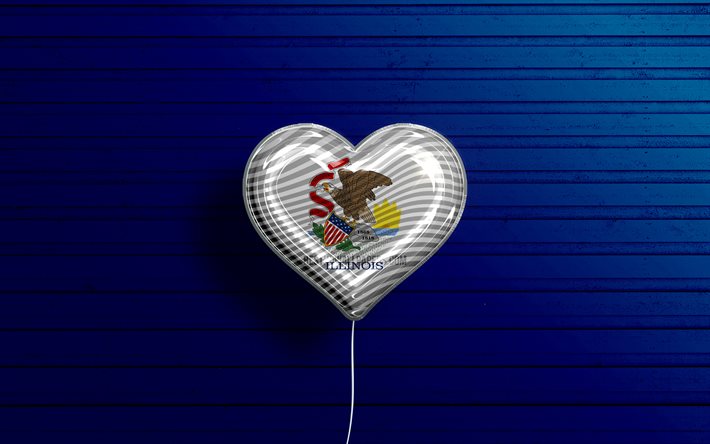 Illinois&#39;i Seviyorum, 4k, ger&#231;ek&#231;i balonlar, mavi ahşap arka plan, Amerika Birleşik Devletleri, Illinois bayrak kalbi, Illinois bayrağı, bayraklı balon, Amerikan eyaletleri, Love Illinois, ABD