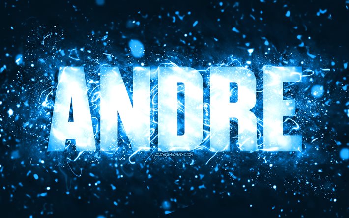 Buon compleanno Andre, 4k, luci al neon blu, nome Andre, creativo, Andre Buon Compleanno, Andre Compleanno, nomi maschili americani popolari, foto con nome Andre, Andre