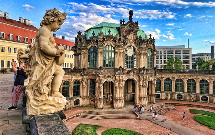 Zwinger ve Old Masters Resim Galerisi, HDR, Dresden, yaz, Alman şehirleri, Avrupa, Almanya, Almanya Şehirleri, Dresden Almanya, şehir manzaraları