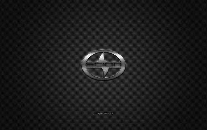 Scion logo, silver logo, gray carbon fiber background, Scion metal emblem, Scion, cars brands, creative art
