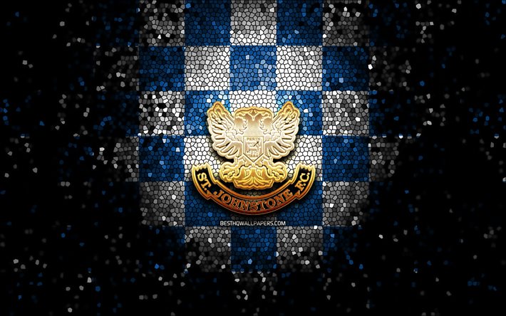 St JohnstoneFC, glitterlogotyp, skotsk premierskap, bl&#229;vit rutig bakgrund, fotboll, skotsk fotbollsklubb, St Johnstone-logotyp, mosaikkonst, FC St Johnstone