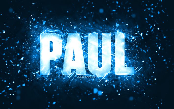 誕生日おめでとう, 4k, 青いネオンライト, ポール名, creative クリエイティブ, ポールの誕生日, 人気のあるアメリカ人男性の名前, ポールの名前の写真, ポールだ