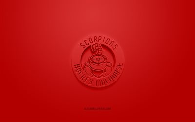 Scorpions de Mulhouse, creative 3D logo, red background, 3d emblem, French ice hockey team, Ligue Magnus, Mulhouse, France, 3d art, hockey, Scorpions de Mulhouse 3d logo, Scorpions Hockey Mulhouse