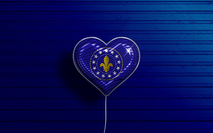 I Love Louisville, Kentucky, 4k, realistic balloons, blue wooden background, american cities, flag of Louisville, balloon with flag, Louisville flag, Louisville, US cities