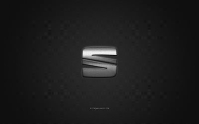 Seat logo, silver logo, gray carbon fiber background, Seat metal emblem, Seat, cars brands, creative art
