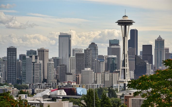 Seattle, 4k, evening, sunset, Seattle skyline, Space Needle, skyscrapers, Seattle cityscape, Washington, USA