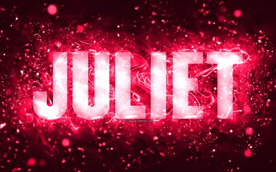 お誕生日おめでとうジュリエット, 4k, ピンクのネオンライト, ジュリエット名, creative クリエイティブ, ジュリエットお誕生日おめでとう, ジュリエットの誕生日, 人気のアメリカ人女性の名前, ジュリエットの名前の写真, ジュリエット