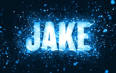 誕生日おめでとう, 4k, 青いネオンライト, ジェイクの名前, creative クリエイティブ, ジェイクの誕生日, 人気のあるアメリカ人男性の名前, ジェイクの名前の写真, ジェイク