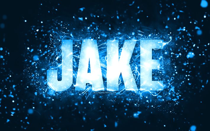 Happy Birthday Jake, 4k, blue neon lights, Jake name, creative, Jake Happy Birthday, Jake Birthday, popular american male names, picture with Jake name, Jake