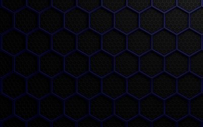blue hexagons, metal textures, metal grid background, hexagons patterns, hexagons textures, black backgrounds, honeycomb, hexagons, background with hexagons
