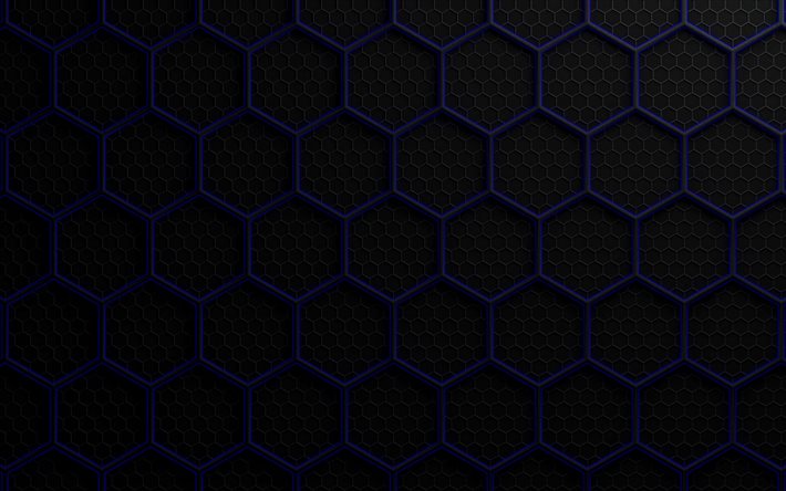 blue hexagons, metal textures, metal grid background, hexagons patterns, hexagons textures, black backgrounds, honeycomb, hexagons, background with hexagons