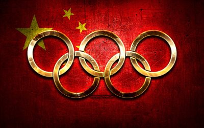 Chinese olympic team, golden olympic rings, China at the Olympics, creative, Chinese flag, metal background, China Olympic Team, flag of China