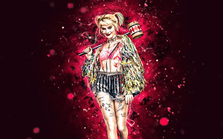 Harley Quinn, 4k, luzes de n&#233;on roxas, Birds Of Prey, filme de 2020, Fantabulous Emancipation of One Harley Quinn, Harley Quinn Birds of Prey, Harley Quinn 4K