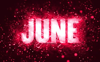 Happy Birthday June, 4k, pink neon lights, June name, creative, June Happy Birthday, June Birthday, popular american female names, picture with June name, June