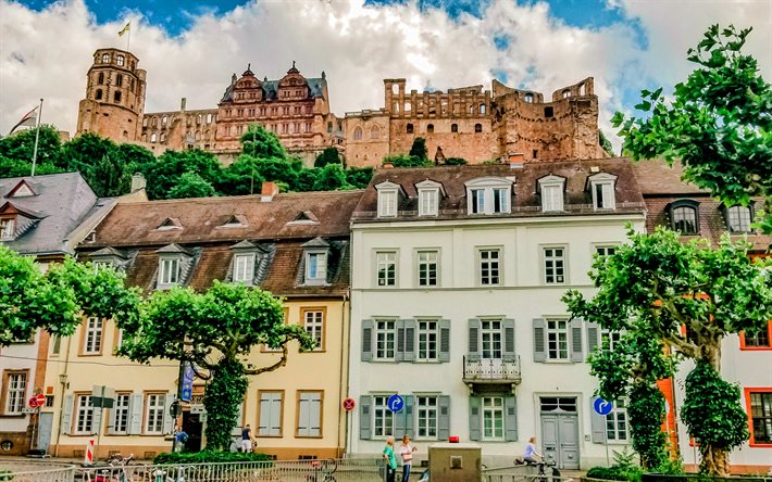 Heidelberg Sarayı, 4k, Heidelberg, eski sokaklar, şehir manzaraları, alman şehirleri, Avrupa, Almanya, Almanya Şehirleri, Heidelberg Almanya