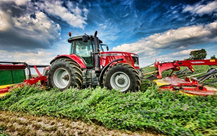 Massey Ferguson 7726, 4k, picking grass, HDR, 2021 tractors, agricultural machinery, harvest, red tractor, agriculture, Massey Ferguson