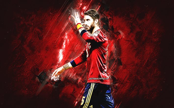 Sergio Ramos, squadra nazionale di calcio spagnola, calciatore spagnolo, sfondo di pietra rossa, Spagna, calcio