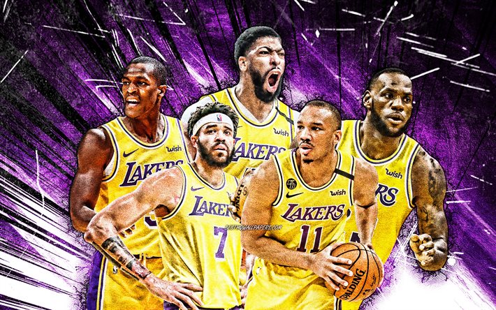 4k, LeBron James, Rajon Rondo, Anthony Davis, JaVale McGee, Avery Bradley, arte grunge, Los Angeles Lakers, basquete, NBA, time do Los Angeles Lakers, raios abstratos violetas, estrelas do basquete, LA Lakers